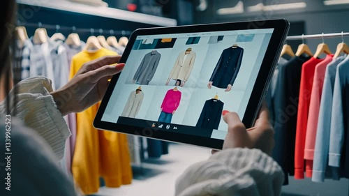 Woman shopping online with tablet in clothes store for new fashion collections