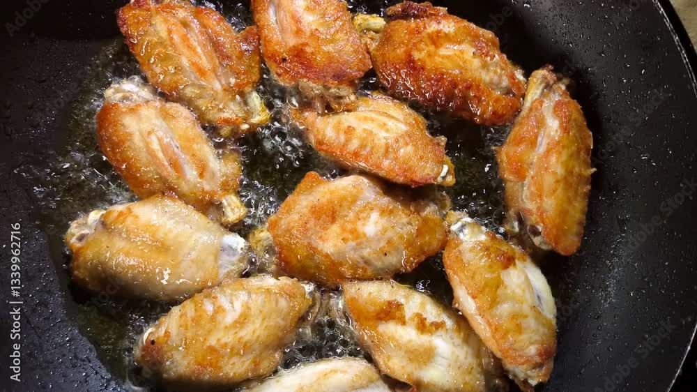 Frying chicken wings in pan, in door Chiangmai Thailand.