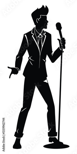 a singer dance pose with singing with holding microphone in front of mouth silhouette