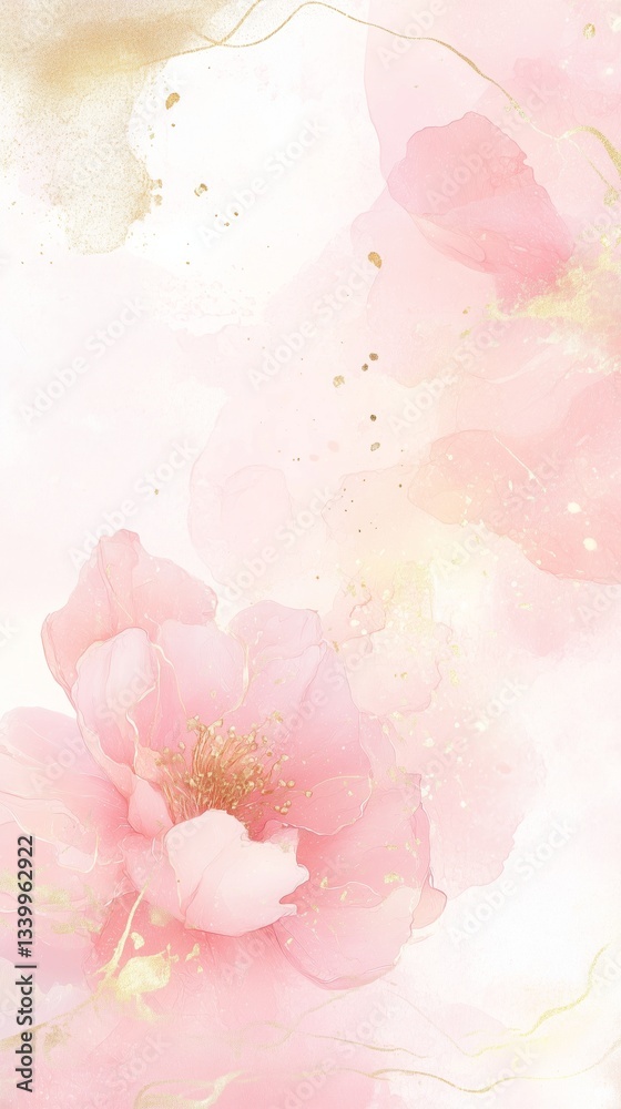 Delicate pink peony flowers with gold accents on soft background Delicate pink peony flowers with gold accents on soft background