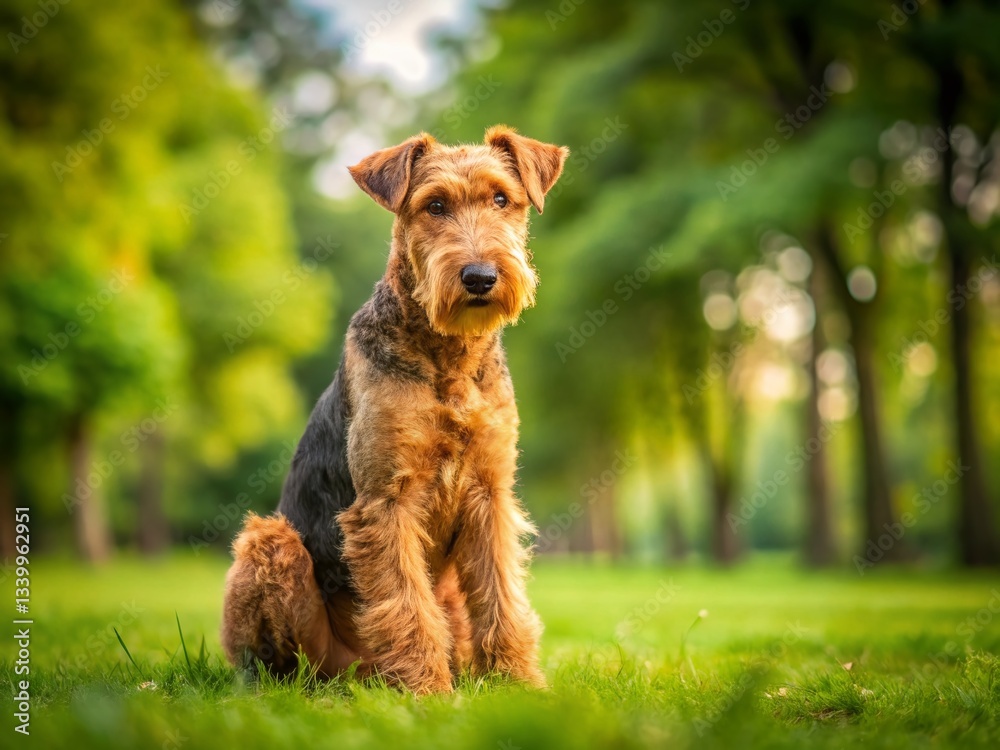 Airedale Terrier Dog Eliminating on Green Grass in Park, Macro Photography Airedale Terrier Dog Eliminating on Green Grass in Park, Macro Photography