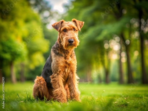 Wallpaper Mural Airedale Terrier Dog Eliminating on Green Grass in Park, Macro Photography Torontodigital.ca