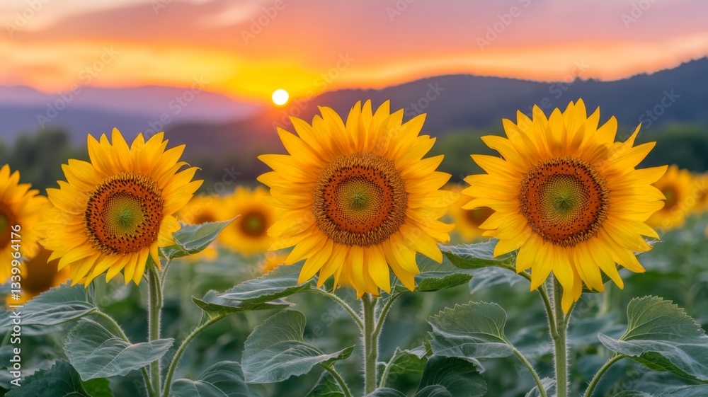 Fototapeta premium Sunflowers at Sunset in a Field of Blooms