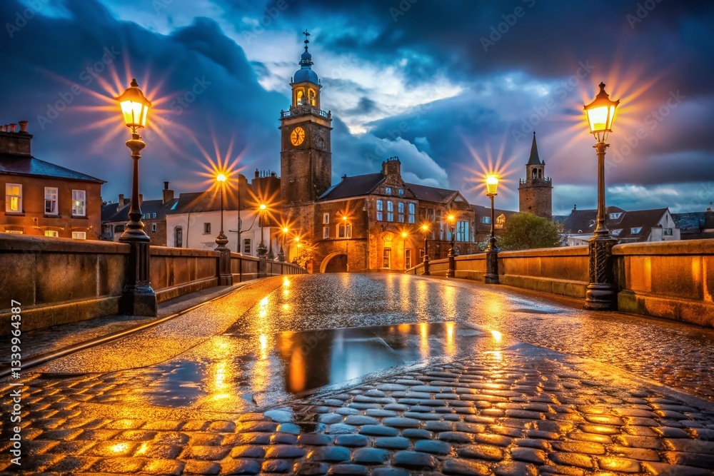 Fototapeta premium Annan Bridge & Town Hall at Night - Low Light Cityscape Stock Photo