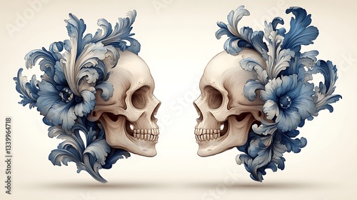 A sketch isolated vector illustration of a skull with ornate engravings.
