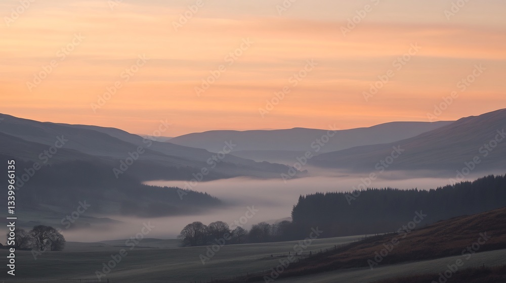Fototapeta premium A peaceful sunrise over the mountains with mist in