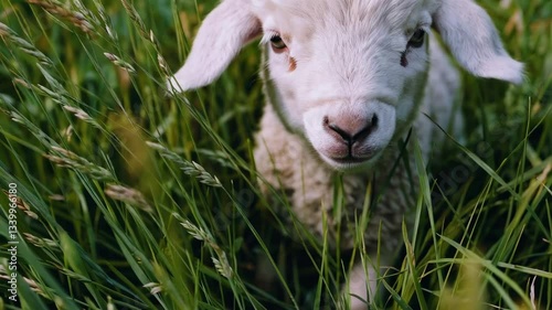 Young white lamb grazing peacefully in lush green meadow, curiously looking directly at camera with innocent eyes