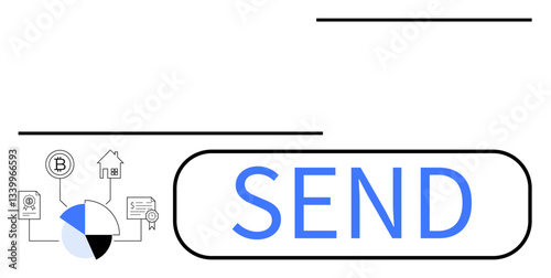 Button labeled SEND beside icons representing cryptocurrency, housing, legal certificates, and a pie chart. Ideal for finance, digital payment, blockchain, banking, asset management e-commerce flat