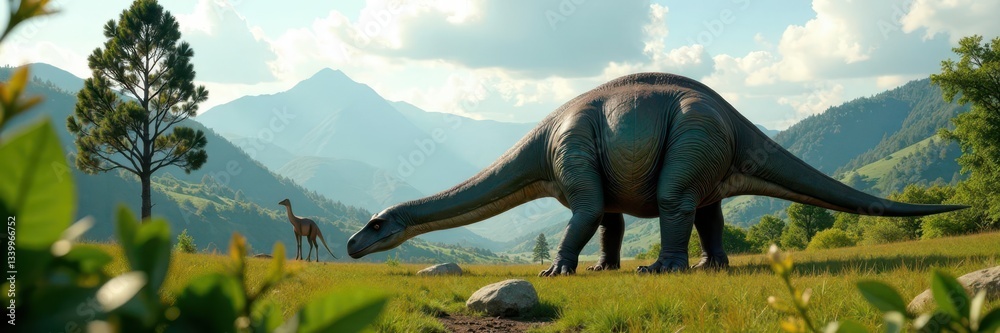 Fototapeta premium Brachiosaurus grazing lush prehistoric landscape, sky, massive, prehistoric