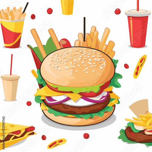 fastfood, fast, snack, meal, food, lunch, burger, dinner, background, delicious, meat, american, menu, unhealthy, restaurant, isolated, cheeseburger, junk, set, hamburger, fat, sandwich, tasty, eat, c