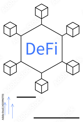 Network of cubes connected around DeFi text representing decentralized finance system with arrow elements indicating flow or growth. Ideal for blockchain, cryptocurrency, finance, technology