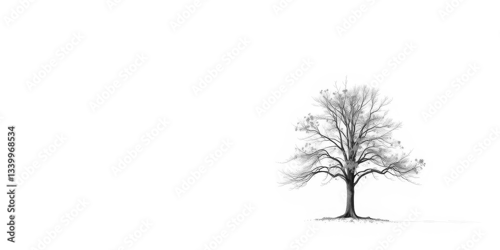 Fototapeta premium A lone deciduous tree stands stark against a pure white backdrop, twig, summer