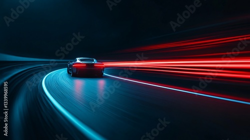 High-speed car racing on a dark winding road with light trails