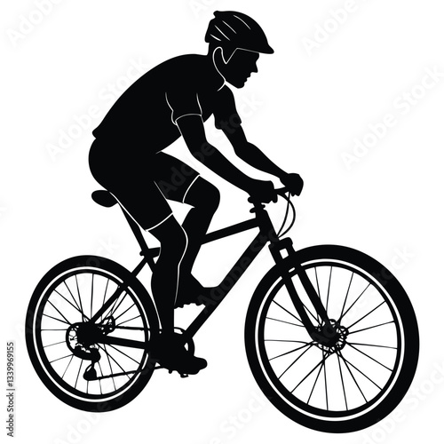 A black and white image of a man riding a bike with a black silhouette on it