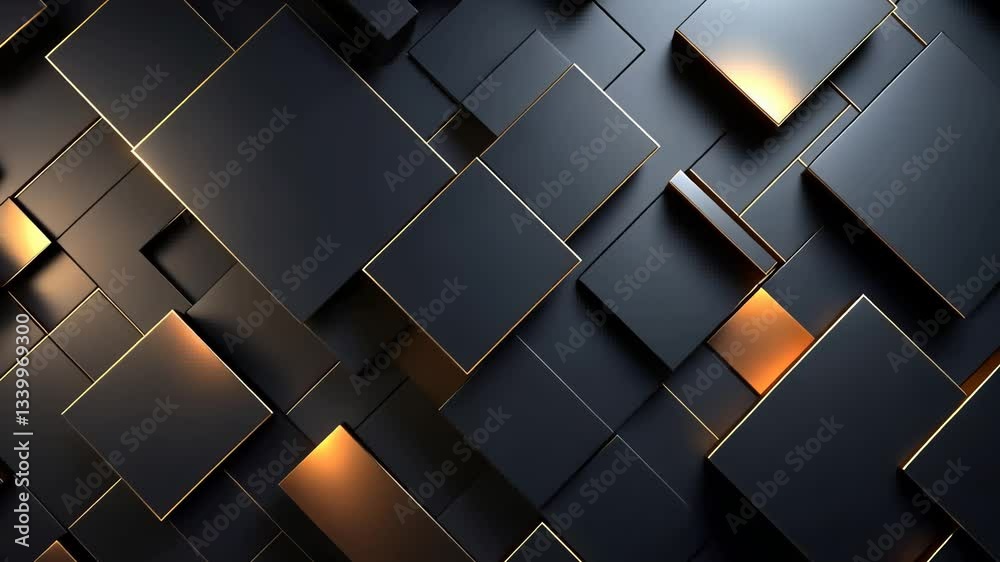 Abstract geometric design of dark squares with golden highlights. Complex, layered shapes create a sophisticated, modern aesthetic Abstract geometric design of dark squares with golden highlights. Complex, layered shapes create a sophisticated, modern aesthetic