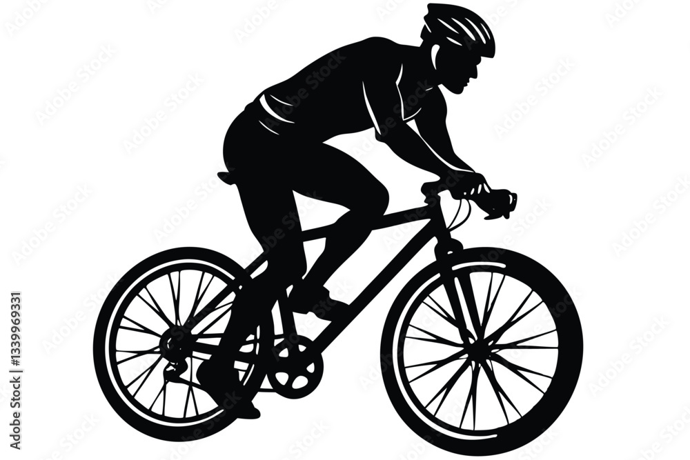 Fototapeta premium A black and white image of a man riding a bike with a black silhouette on it