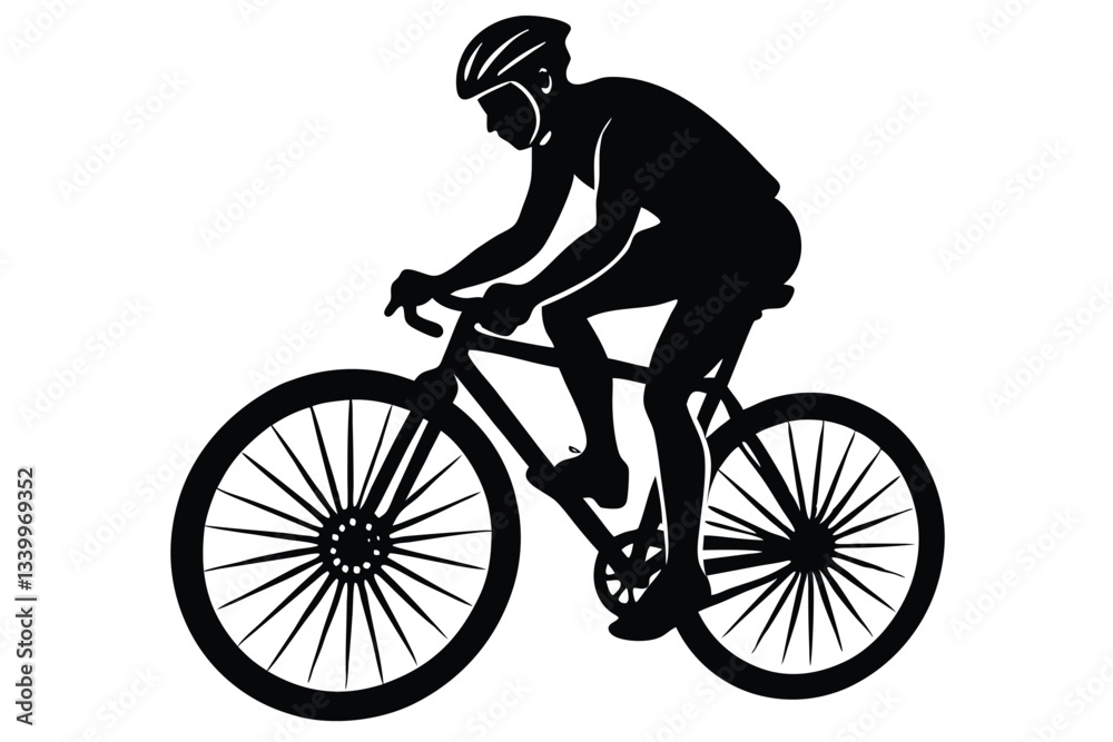A black and white image of a man riding a bike with a black silhouette on it A black and white image of a man riding a bike with a black silhouette on it