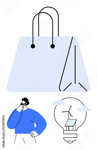 Oversized shopping bag above thoughtful user, paired with lightbulb containing wind turbine and solar panel imagery. Ideal for sustainability, eco-commerce, renewable energy, ethical consumerism