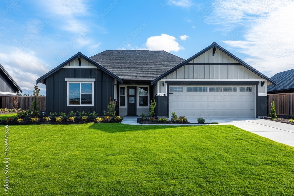 Obraz premium Modern one-story house with a lush green lawn under a clear blue sky.