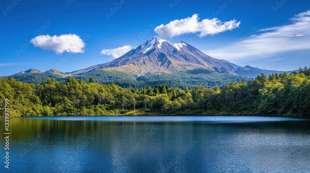 Majestic Volcano and Serene Lake, Breathtaking New Zealand Landscape Majestic Volcano and Serene Lake, Breathtaking New Zealand Landscape
