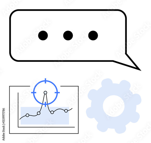 Speech bubble with dots for communication, chart with analytics and target, gear representing technical processes. Ideal for collaboration, technology, data, optimization, abstract ideas, strategy