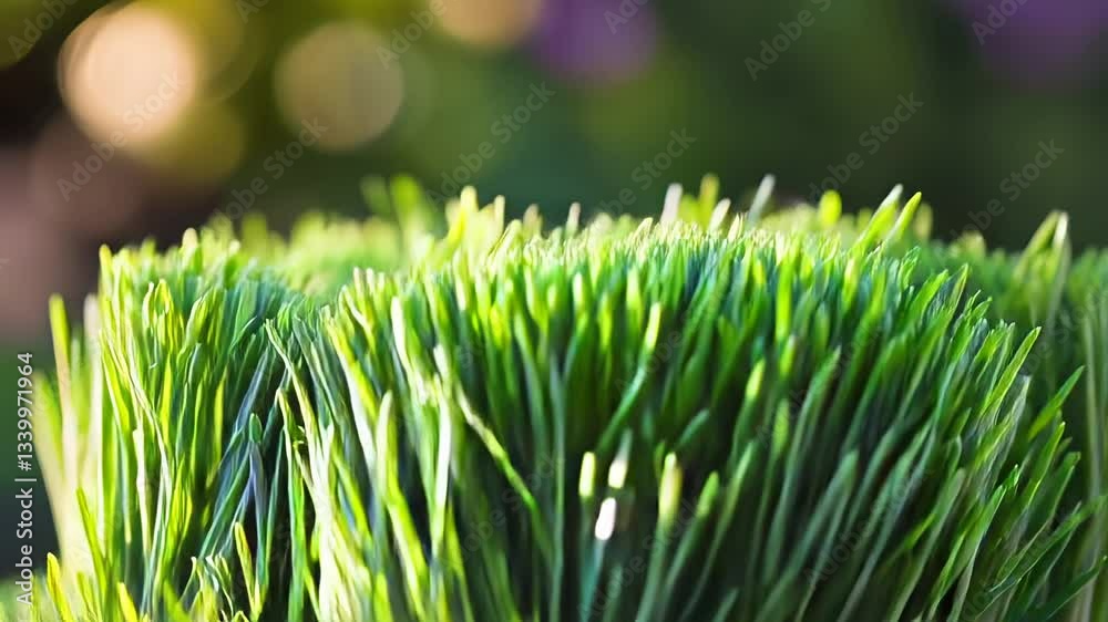 A close up of green grass with a bright sun shining on it. The grass is ...