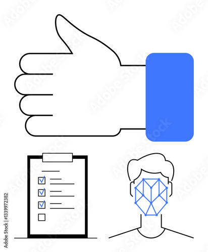 Large thumbs up for approval, checklist with marked tasks, face recognition pattern. Ideal for productivity, voting, feedback, security, decision-making evaluation identity. Flat simple metaphor