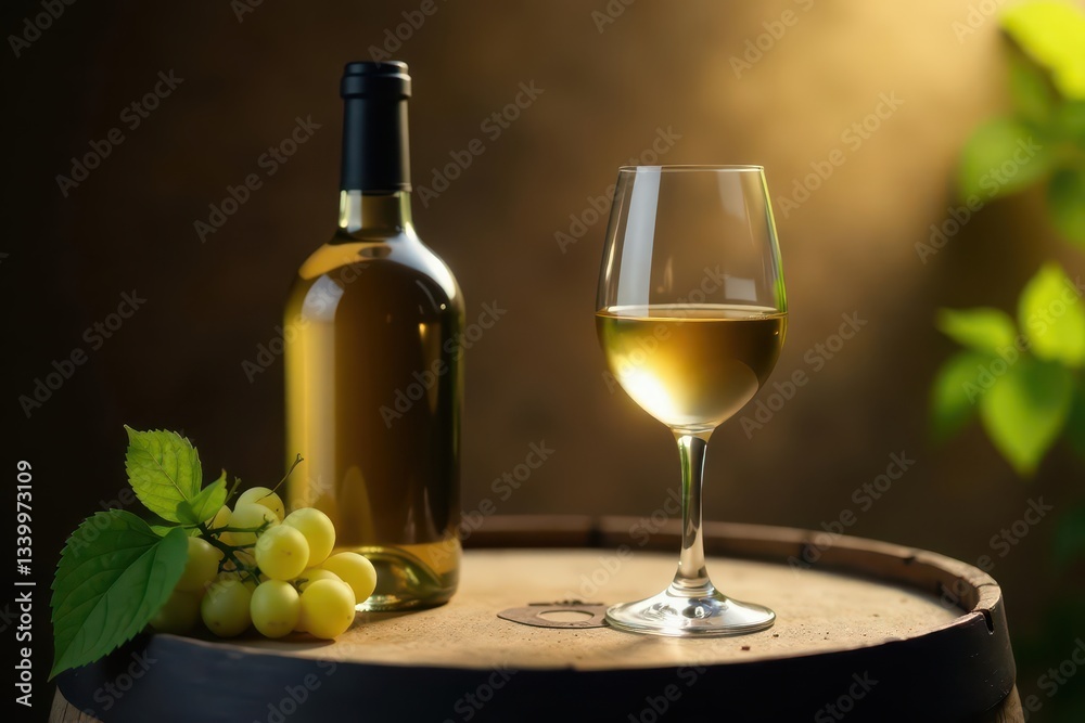 Fototapeta premium Crisp white wine in glass, bottle on oak barrel, oak barrel, wine cellar, vino
