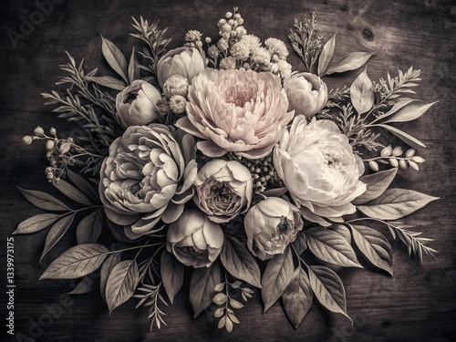 Black and White Peony Rose Garland: Vintage Spring Floral Bouquet Sketch