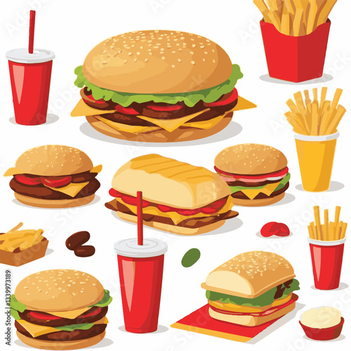 fastfood, fast, snack, meal, food, lunch, burger, dinner, background, delicious, meat, american, menu, unhealthy, restaurant, isolated, cheeseburger, junk, set, hamburger, fat, sandwich, tasty, eat, c