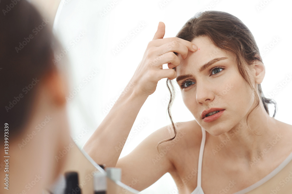 Sad blonde girl touching pimple on her forehead, looking at mirror at home Sad blonde girl touching pimple on her forehead, looking at mirror at home