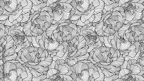Abstract Floral Waves Delicate Line Drawing Peony Flowers Black and White Sophisticated Intricate Wavy Lines Decorative Monochrome Vector Seamless Pattern