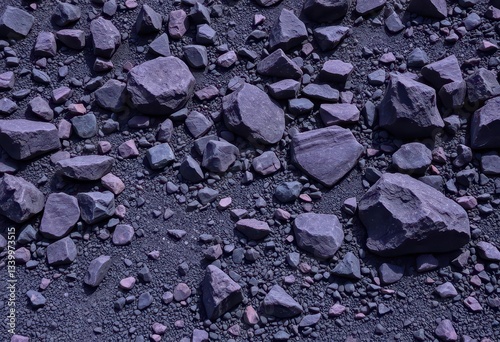 Wallpaper Mural Dark purple boulders, scattered gravel, and small rocks form a rugged geological landscape, arid, brown Torontodigital.ca