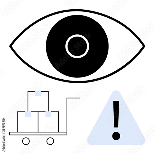 Eye overseeing cart with stacked packages and a caution exclamation point. Ideal for safety, logistics, warehouse management, inventory control, transportation, risk management, flat simple metaphor