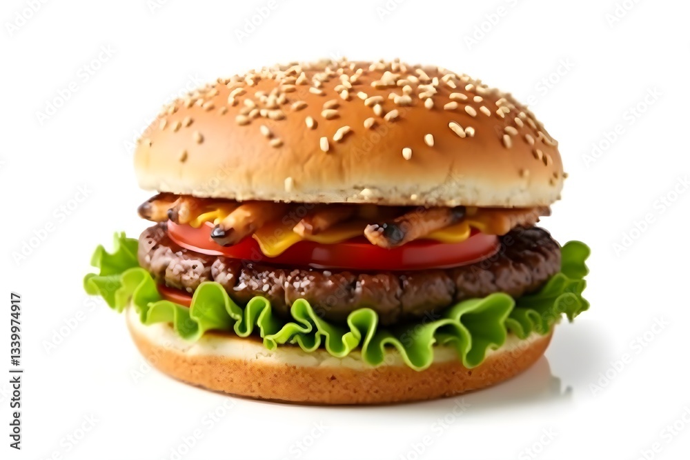 Perfectly Grilled Hamburger with Crisp Toppings Isolated Against a Bright White Backdrop Perfectly Grilled Hamburger with Crisp Toppings Isolated Against a Bright White Backdrop