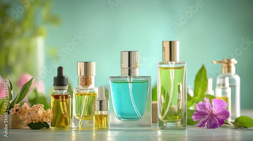A collection of elegant perfume bottles in various shapes and colors, surrounded by flowers and greenery, creating a serene and sophisticated atmosphere.