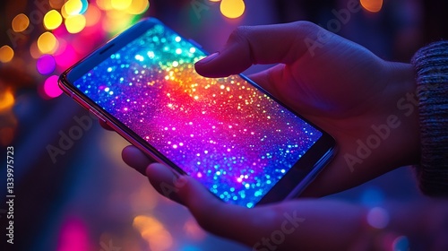Hand holding a smartphone and interacting with the touch screen emphasizing digital connectivity