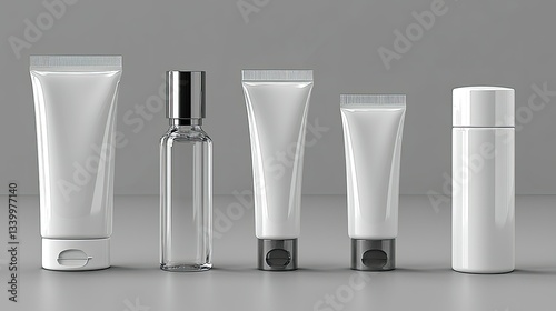 Five white cosmetic tubes and bottles arranged on a surface