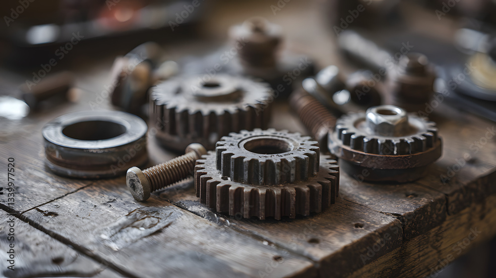 Rusty metal gears and bolts scattered on a wooden workbench, symbolizing mechanical wear and repair, industrial maintenance, and vintage machinery concepts. Rusty metal gears and bolts scattered on a wooden workbench, symbolizing mechanical wear and repair, industrial maintenance, and vintage machinery concepts.