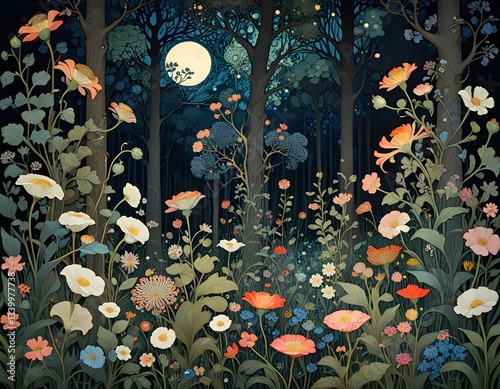 magical art nouveau forest night scene with wildflowers growing under a full moon