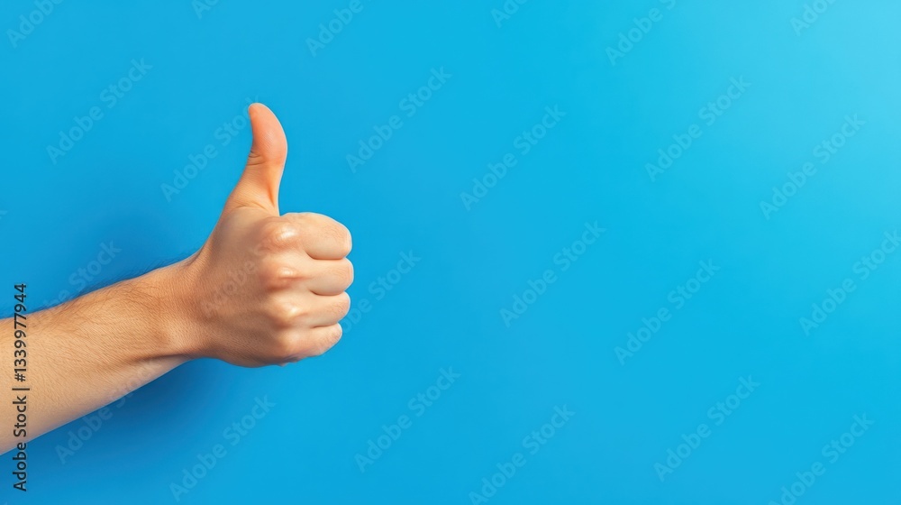 Thumbs Up Gesture Against a Vibrant Blue Background, Positive Feedback, Approval, and Success Concept. Thumbs Up Gesture Against a Vibrant Blue Background, Positive Feedback, Approval, and Success Concept.
