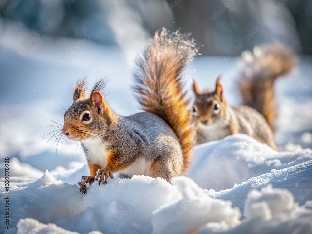 Fototapeta premium Brave Winter Squirrels: Snowy Landscape Food Search, Resilience & Resourcefulness