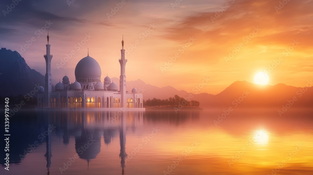 Obraz premium Serene Sunset over the Majestic Mosque by the Lake