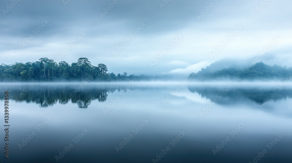 Fototapeta premium Misty Lake Reflections: Serene Morning in the Rainforest