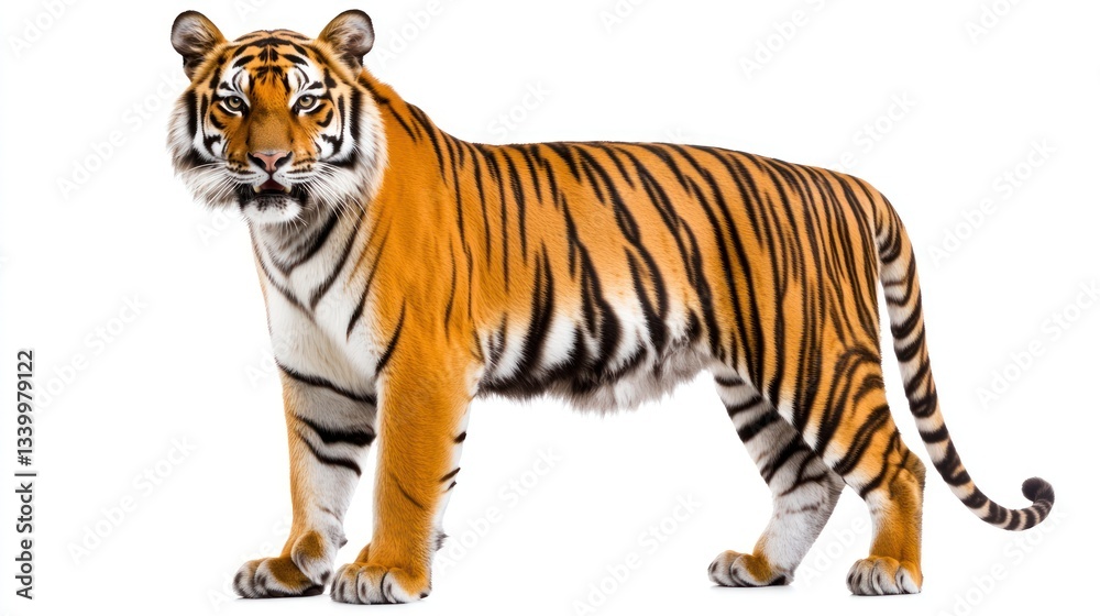 Obraz premium A majestic big cat with striking orange and black stripes standing in profile against a white b