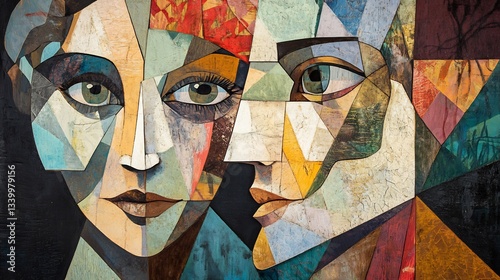 Cubist interpretation of Adam and Eve with fragmented forms and multiple perspectives