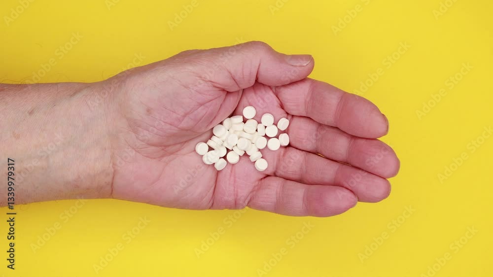 Close-Up Of A Hand Opening From A Fist To Reveal White Pills On A Bright Yellow Background, Symbolizing Medicine And Healthcare Concepts. Close-Up Of A Hand Opening From A Fist To Reveal White Pills On A Bright Yellow Background, Symbolizing Medicine And Healthcare Concepts.