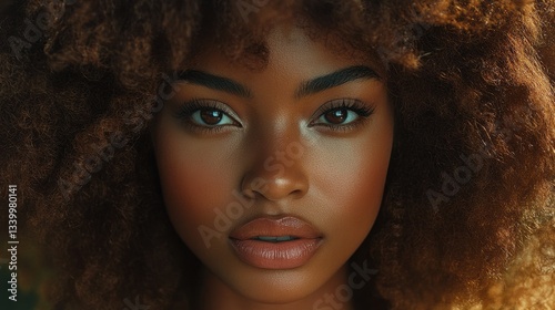 Close-up shot of a beautiful dark-skinned woman with curly brown hair. Use this for beauty product, fashion, or diverse representation projects.