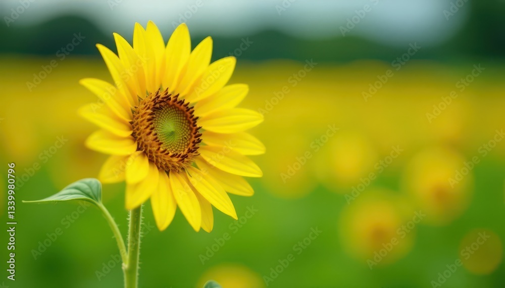 Fototapeta premium Single sunflower, vibrant yellow petals, green stalk against blurred field backdrop, floral, plant photography