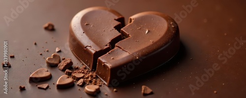 Broken milk chocolate heart, revealing texture, sweetness, background, broken